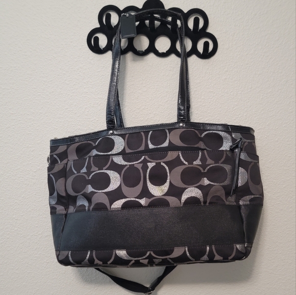 COACH Black Silver Signature Stripe Optic Multi-Function Bag - Picture 2 of 4